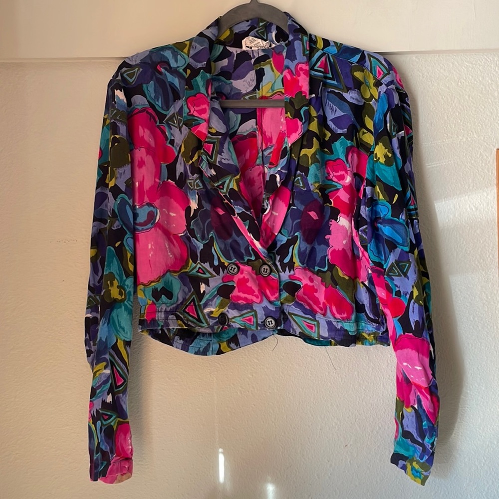 Vintage Short Cuts rayon cropped long sleeve button blouse